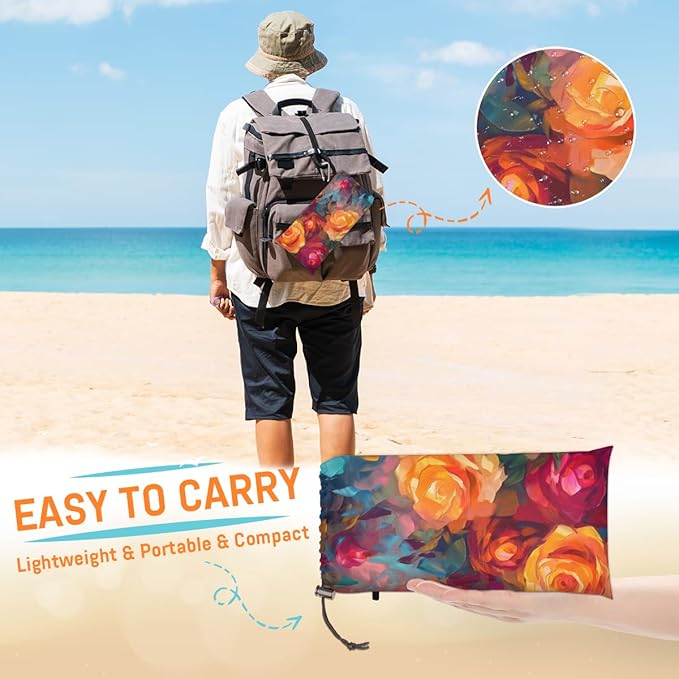 Waterproof Sandproof Beach Blanket 59''×68'' Oil Paintings Polyester Outdoor Picnic Blanket with 4 Stakes &amp Storage Bag for BeachCampingVacation Rose