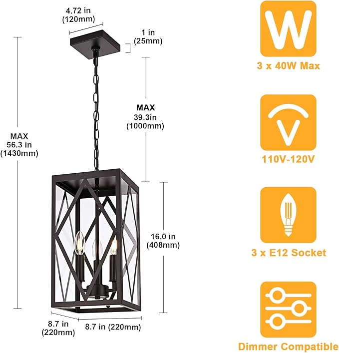 15.7'' Outdoor Pendant Lighting Fixtures 3-Light Outdoor Chandelier Oil Rubbed Bronze Exterior Hanging Porch Light Fixtures w/Glass Shade Outside Pendant Lantern for Front Porch Balcony Foyer