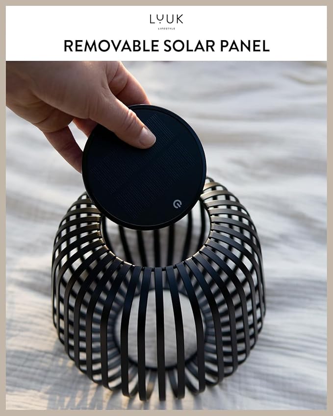 LUUK LIFESTYLE Solar LED Lantern for Indoor &amp Outdoor use Cordless Table lamp with Modern Metal cage Design dimmable Garden lamp Rechargeable Solar Light up to 72 Hours Lighting Duration Blac