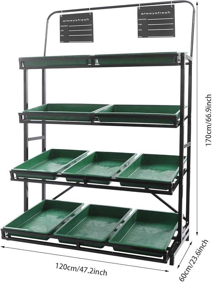 4 Tier Supermarket Fruit Vegetable Storage Rack Retail Display Rack Market Shelf with 10 Slanted Baskets &amp 2 Product Labels Floor Standing Metal Fruit Vegetable Snacks Display Shelf Organizer