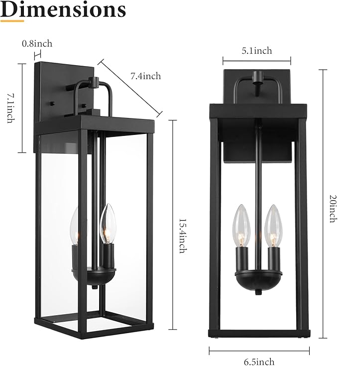 Outdoor Wall Sconce Light 20 Inch Tall Transitional Exterior Wall Bracket Lighting with Clear Glass Anti-Rust Powder Coat Black Modern Outside Lantern for Front Porch Corridor Doorway Patio