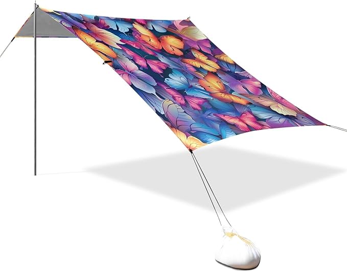 ALAZA Rainbow Butterflies Beach Tent Sun Shelter UPF50+ Protection Beach Shade Canopy w/ 4 Sandbags for Outdoor Camping Fishing Backyard Fun Picnic 10x9 ft