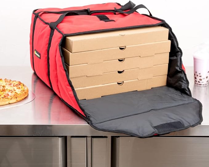 Delivery Tek 16.5 x 18 x 6.5 Inch Insulated Pizza Bag 1 Durable Delivery Bag - Holds (2) 16 or (3) 14 Pizza Boxes Red Polyester Cater Bag Extra-Large Flap Machine Washable