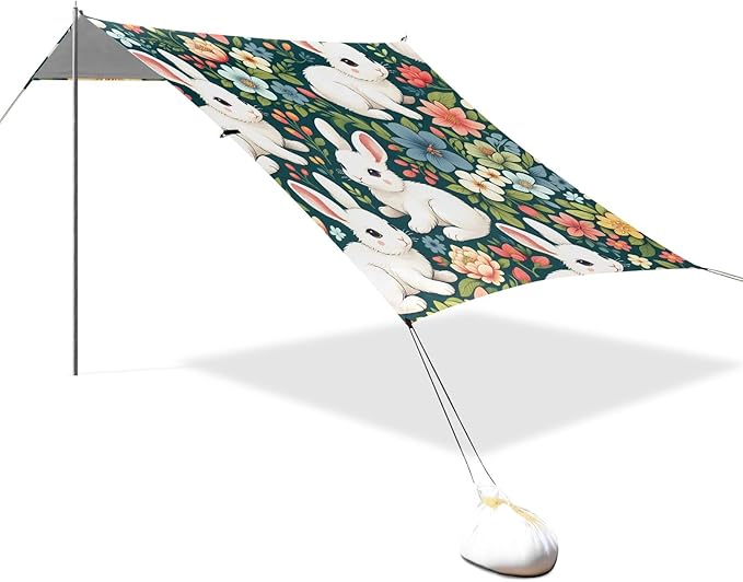 Cute White Rabbits Floral Camping Sun Shelter Beach Tent Portable Beach Sun Shade Outdoor Canopy for Camping Trips Fishing Picnic