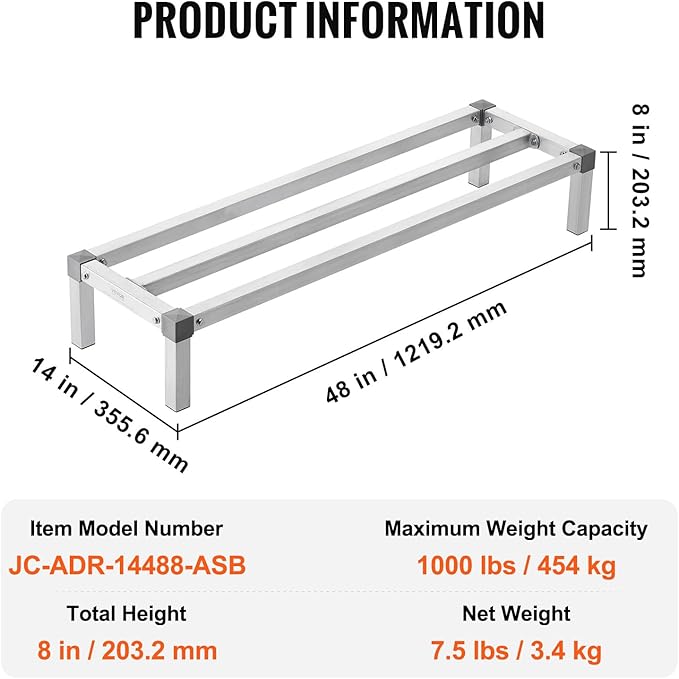VEVOR Aluminum Dunnage Rack 48” x 14” Commercial Food Floor Rack 8” Off the Floor 1000 lbs Capacity All-Welded Aluminum Storage for Storage in Restaurants Kitchens Garages and Vehicles