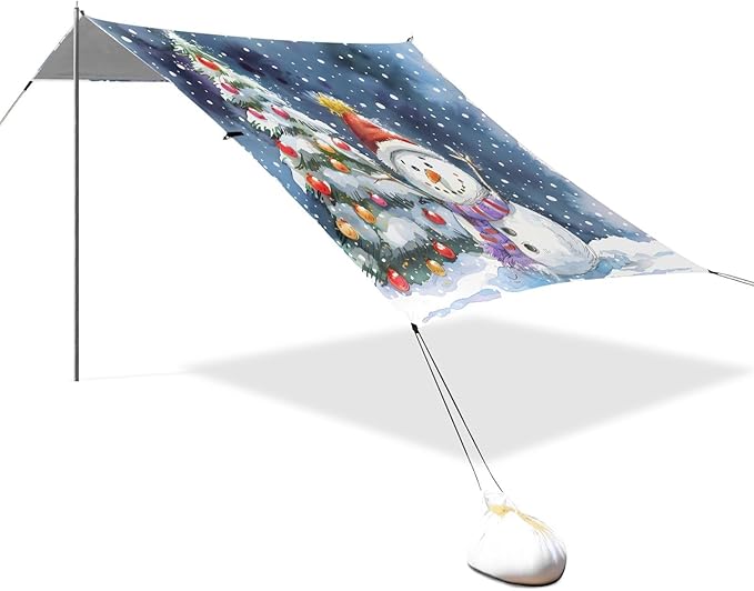 ALAZA Snowman Christmas Tree Beach Tent Sun Shelter UPF50+ Protection Beach Shade Canopy w/ 4 Sandbags for Outdoor Camping Fishing Backyard Fun Picnic 10x9 ft