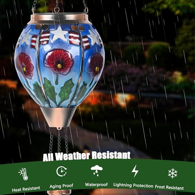 Hot Air Balloon Solar Lantern - Poppy Flower Patriotic Glass Lantern Simulated Flickering Dancing Flame Outdoor Hanging Yard Light Waterproof IP65 Ideal 4th of July Gift for Patriot Patio Decor
