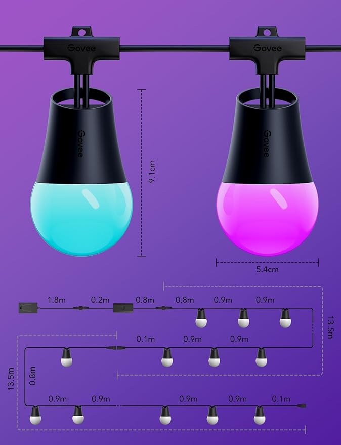 Govee Smart Outdoor String Lights 2 96ft RGBIC Outdoor Lights with Dimmable Warm White LED Bulbs 47 Scene Modes for Patio Backyard IP65 Waterproof Compatible with Alexa App Control