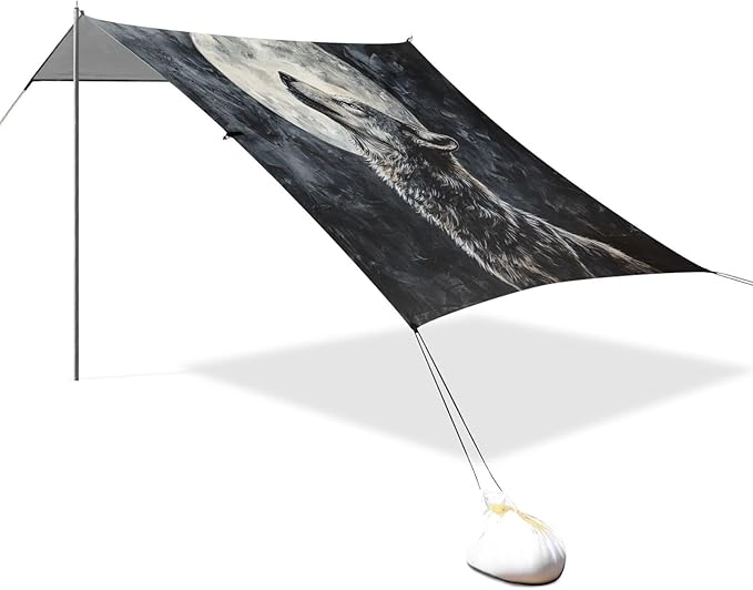 ALAZA Wolf Howling Under Moon Beach Tent Sun Shelter UPF50+ Protection Beach Shade Canopy w/ 4 Sandbags for Outdoor Camping Fishing Backyard Fun Picnic 10x9 ft