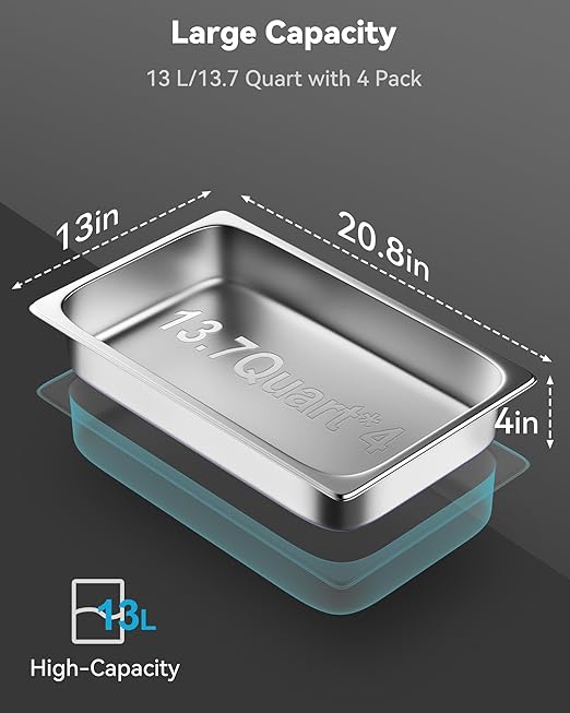 4 Pack Hotel Pans with Lids 1/1 Size 4 Deep Steam Table Pans Full Size Stainless Steel Food Pan 22 Gauge Anti Jam 20.8 L x 12.8 W Commercial Food Storage Containers