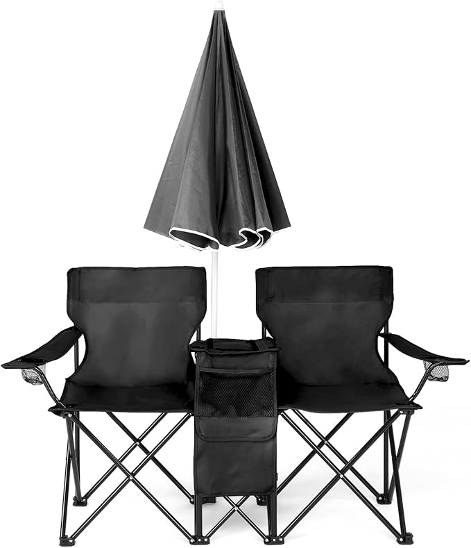 Double Folding Camping Chair W/Umbrella Fold Up Table Beverage Holder Carrying Bag Cooler for Patio Pool Park Outdoor Beach Picnic Portable (Black)