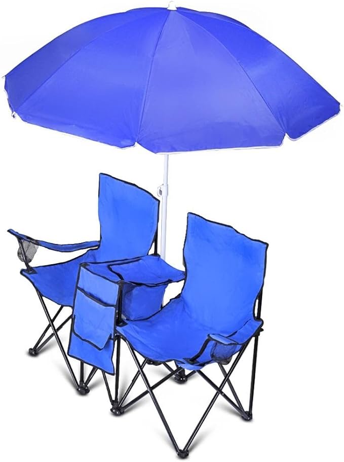 GoTEAM! Portable 2-Seat Folding Camp Chair with Cooler Umbrella &amp Cup Holders – Outdoor Picnic Beach or Tailgate Seating – Carry Case Included