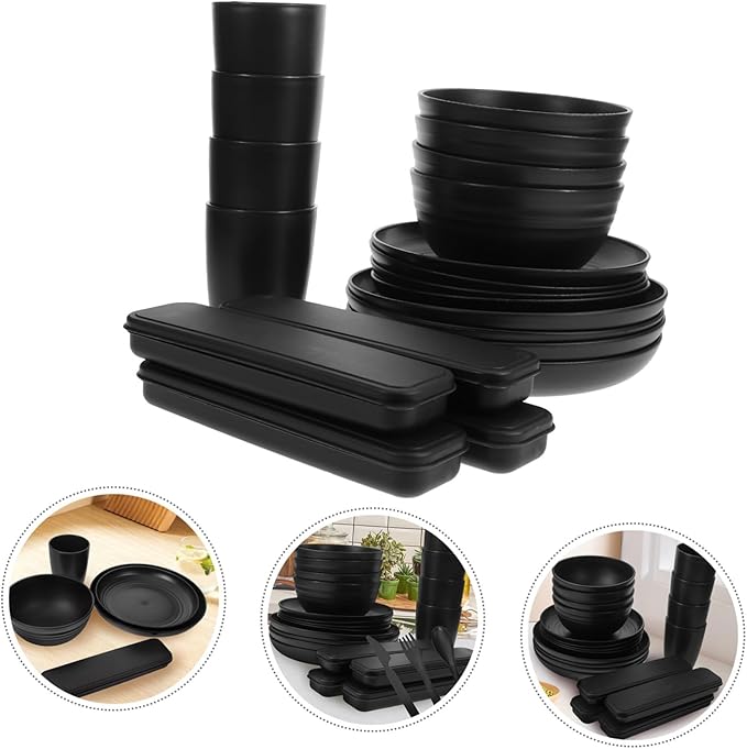 4sets Black Camping Dinnerware Cutlery Bowl Plate Cup Utensils Case for Picnic Hiking