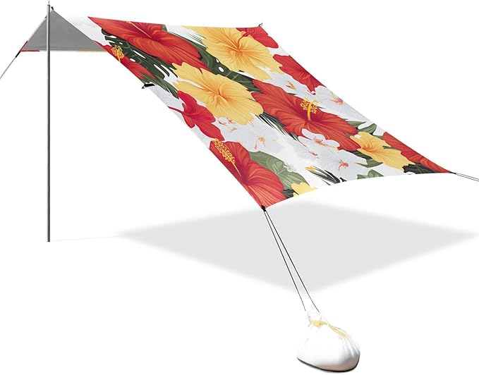 Yellow Red Hibiscus Beach Tent Sun Shelter 9.2' x 10.5' Beach Canopy with 4 Sandbags 4 Stability Poles Sand Shovels - Tent Canopy for Beach Camping Fishing Picnics
