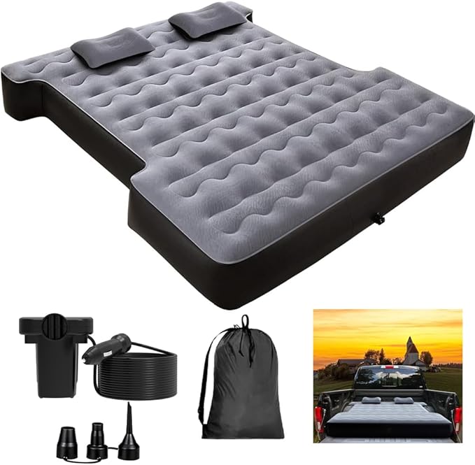 KINMAC Inflatable Full-Size Short Truck Bed Air Mattress 16.4FT Car Air Pump Cord Carry Bag for Outdoor Truck Camping Grey