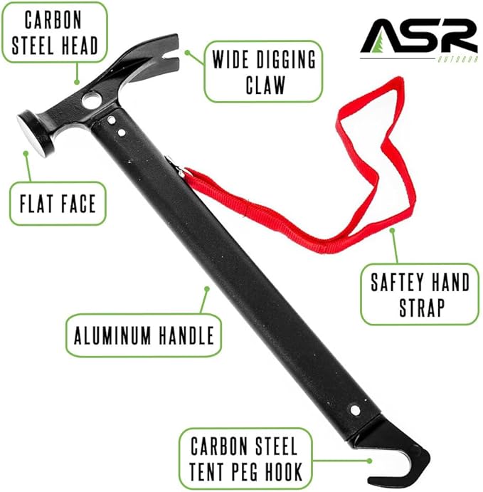 ASR Outdoor 13oz Carbon Steel Camping Hammer with Tent Stake Puller Hand Tool 12 Inch