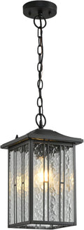 Outdoor Pendant Light Black Exterior Hanging Lights LED Outdoor Chandelier Modern Hanging Lantern for Porch Ceiling Entry Porch Patio Matte Black with Water-Rippled Glasses