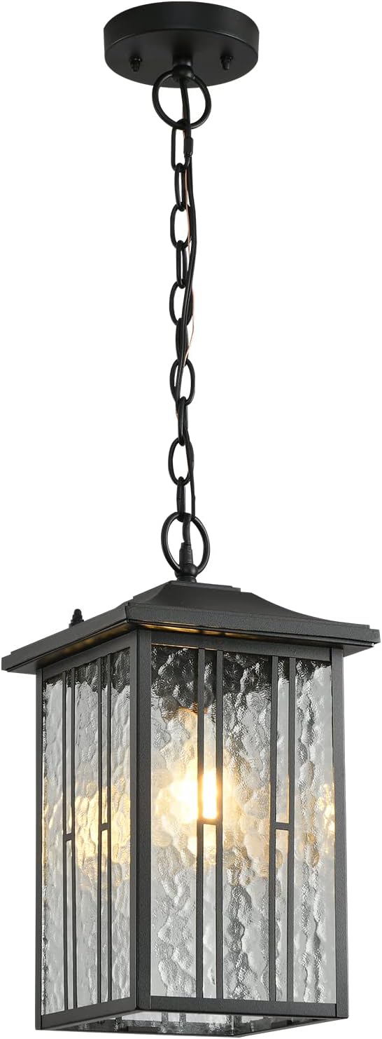 Outdoor Pendant Light Black Exterior Hanging Lights LED Outdoor Chandelier Modern Hanging Lantern for Porch Ceiling Entry Porch Patio Matte Black with Water-Rippled Glasses