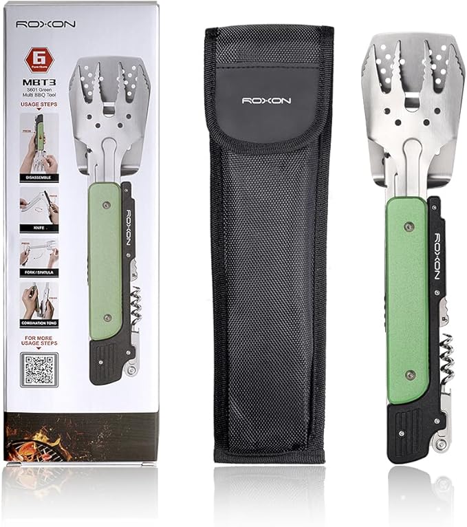 ROXON S601 14 6 in 1 MBT3 Folding Grill Utensils Set Fork Spatula Grilling Knife Tongs Opener for Backyard Barbecue and Camping(Green)