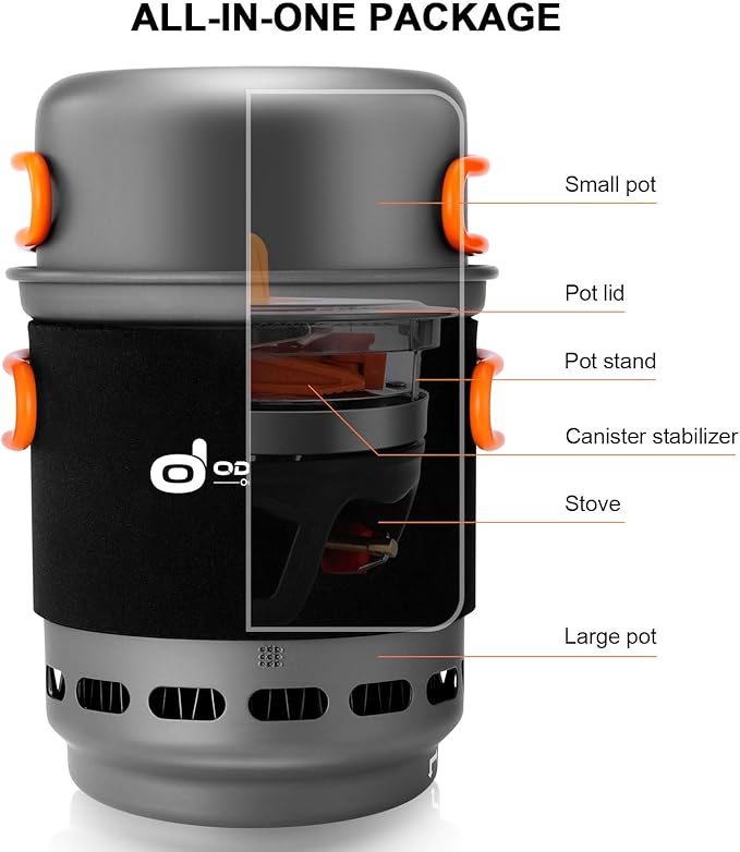 Odoland Heat Exchange Camping Pot with Backpacking Stove 7-In-1 Camping Cookware Mess Kit for Hiking Trekking Fishing and Picnic