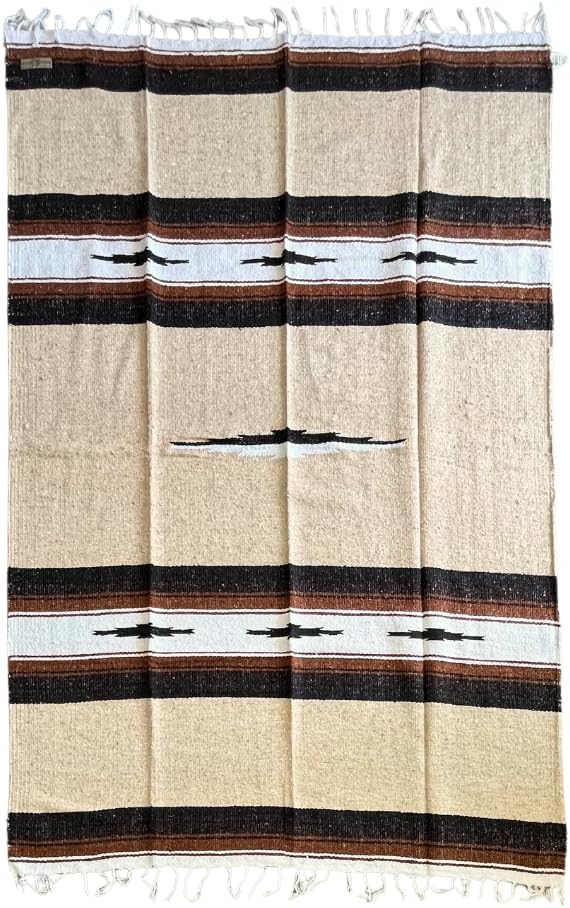 Handmade Mexican Yoga Blanket – Thick Tan Serape with Black Brown &amp White Stripes and Center Diamond Pattern – Soft Durable Machine Washable
