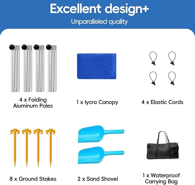 Beach Tent Sun Shelter 10x10ft Shade Canopy Sunshade UPF50+ with 8 Sandbags Sand Shovels Ground Pegs &amp Stability Poles Portable Carry Bag for Family PartyCampingFishingBackyardPicnics