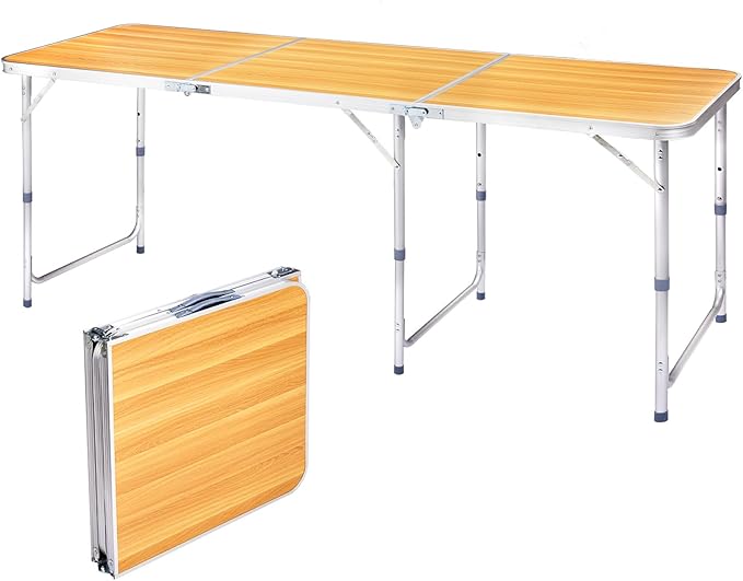 6.0 Ft Folding Portable Camping Table with Three Adjustable Heights Tri-fold Outdoor Table Outdoor Camping Kitchen BBQ Dining Picnic Cooking Beach Garden Yellow