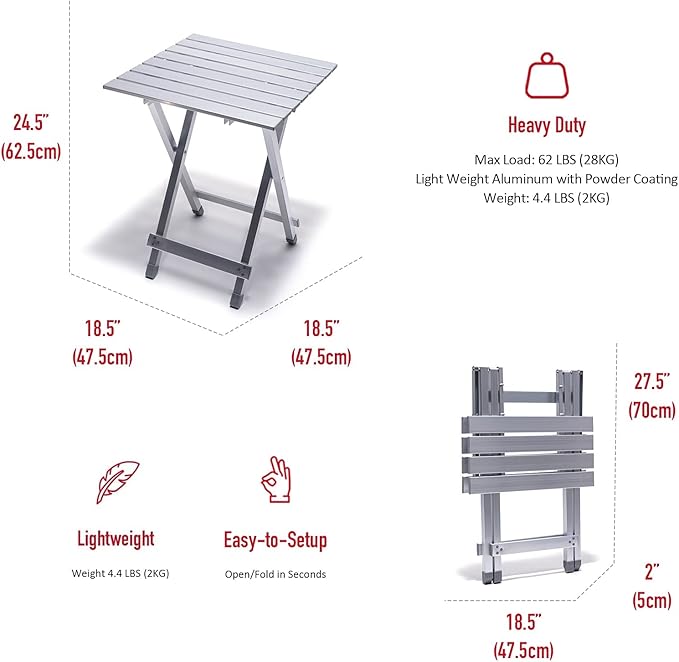 SUNNYFEEL Folding Camping Table - Lightweight Aluminum Portable Picnic Table 18.5x18.5x24.5 Inch for Cooking Beach Hiking Travel Fishing BBQ Indoor Outdoor Small Foldable Camp Tables
