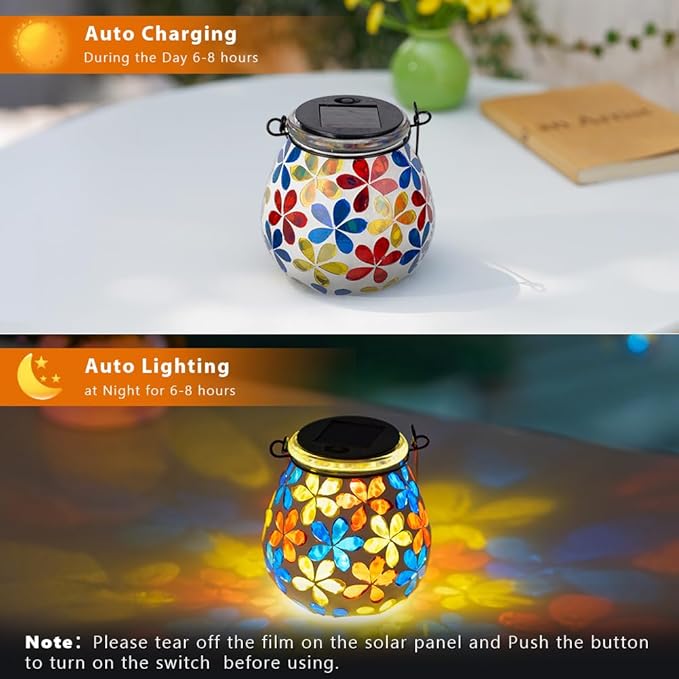 Stargarden 2Pack Mosaic Solar Lanterns Glass Hanging Lantern Waterproof Outdoor Haning Lights Flower Decorative Table Lamp for Garden PatioYard Decor