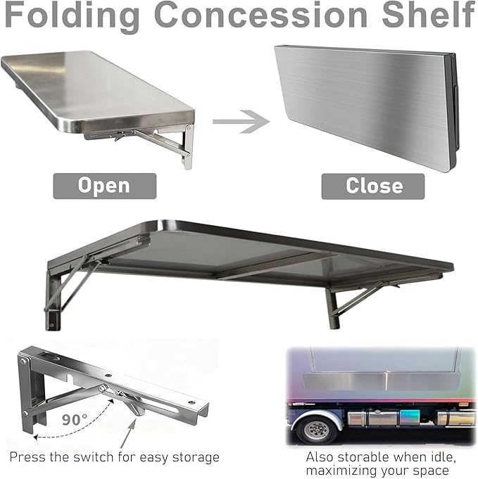 Drop Down Food Service Shelves Stainless Steel Folding Concession Shelf Wall Mounted Food Truck Countertop Extension Shelving for Concession Stands(Silver-W 14in/35cmL 64in/162cm)