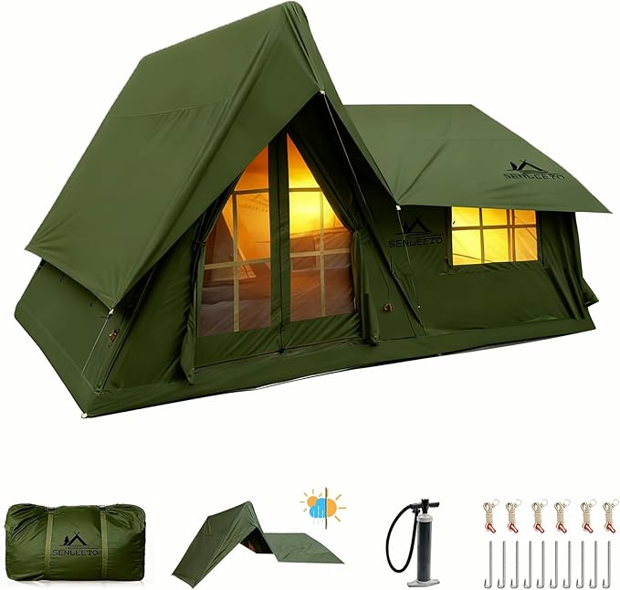 Inflatable Tents for Camping 8-10 Person Luxury Inflatable Tent House with Stove Jack Waterproof Portable Inflatable Camping Tent with Rainfly
