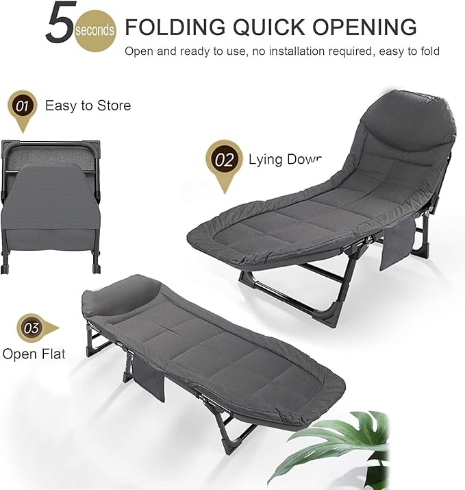 Camping Cot for Adults with Cushion Portable Folding Camping Cot 5-Position Folding Chaise Lounge Chairs（A-200x64x32cm）