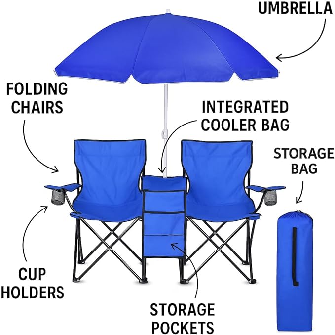 GoTEAM! Portable 2-Seat Folding Camp Chair with Cooler Umbrella &amp Cup Holders – Outdoor Picnic Beach or Tailgate Seating – Carry Case Included