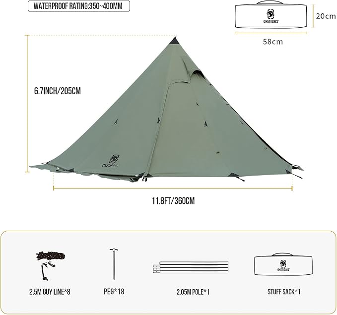 OneTigris Northgaze Canvas Hot Tent with Stove Jack Windproof Fire Retardant Durable 4 Season Camping Pyramid Teepee Tent for 2~4 Person