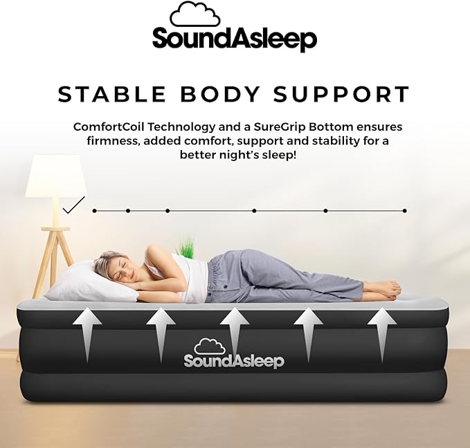 SoundAsleep Dream Series Luxury Air Mattress with ComfortCoil Technology &amp Built-in High Capacity Pump for Home &amp Camping- Double Height Adjustable Inflatable Blow Up Portable - Queen Size