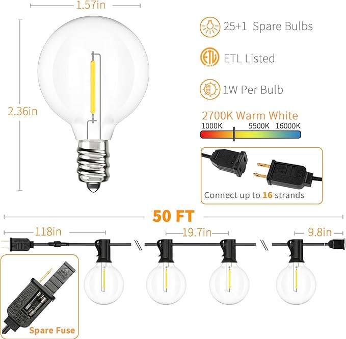 Svater Outdoor String Lights 50 FT Patio LED Lights Outside with 26pcs Bulbs Waterproof Shatterproof Hanging Globe Light Connectable for Bistro Cafe Backyard Balcony Warm White