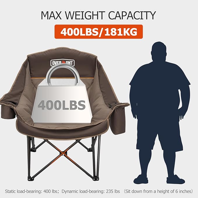 Overmont Oversized XL Camping Chair for Adults - 400lbs Support Heavy-Duty Padded Folding Chair with Side Pocket Cup Holder Cooling Bag for Outdoor Sports Garden Beach Fishing Lawn Khaki