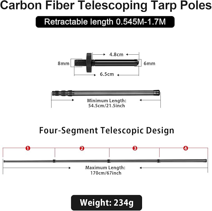 Telescoping Tarp Poles Heavy Duty Adjustable Carbon Fiber Tent Poles Portable &amp Lightweight for Tent Fly Awning Outdoor Camping Hiking 5.6FT