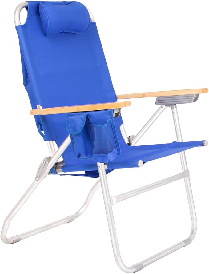 Heavy Duty Tall Beach Chair for Adults 17 High Off Ground 4-Position Reclining Insulated Cooler &amp Storage Pouch Bamboo-Finish Arms 300 lb Capacity