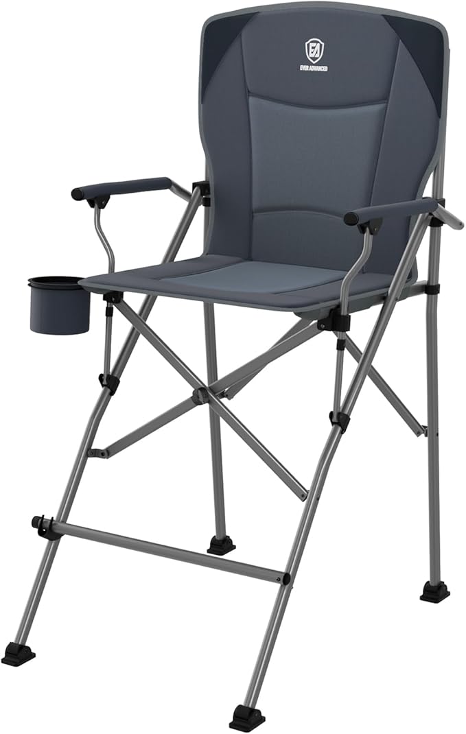 EVER ADVANCED Tall Camping Folding Chair 31 Portable Directors Chair Bar Height Camping Chair with Carry Bag and Footrest Armrest Heavy Duty Supports 300 Lbs Grey