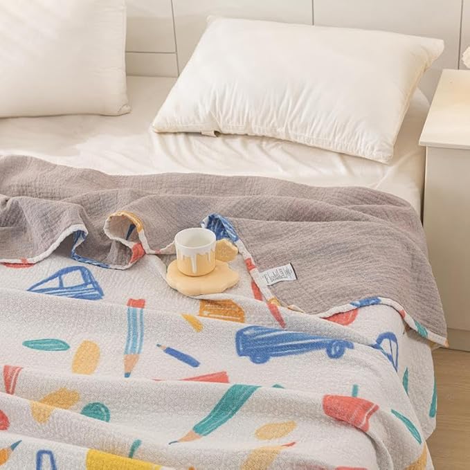 Bnitoam School Season 100% Cotton Bed Blanket Twin Size 60x80 3 Layer Muslin Blanket Pencil School Bus Cooling Breathable Lightweight Summer Gauze Throw for Kids (Print School 60x80)