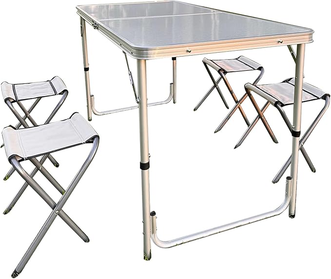Aluminum Folding Camping Table Set with 4 Stools Adjustable Height