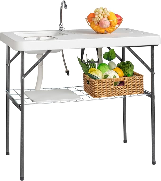 White Outdoor Sink Fish Cleaning Table Portable Camping Table with Faucet Hose Fish Fillet Camping Sink Table for Picnic Beach PatioPortable Folding Camping Fish Station with Foldable Faucet