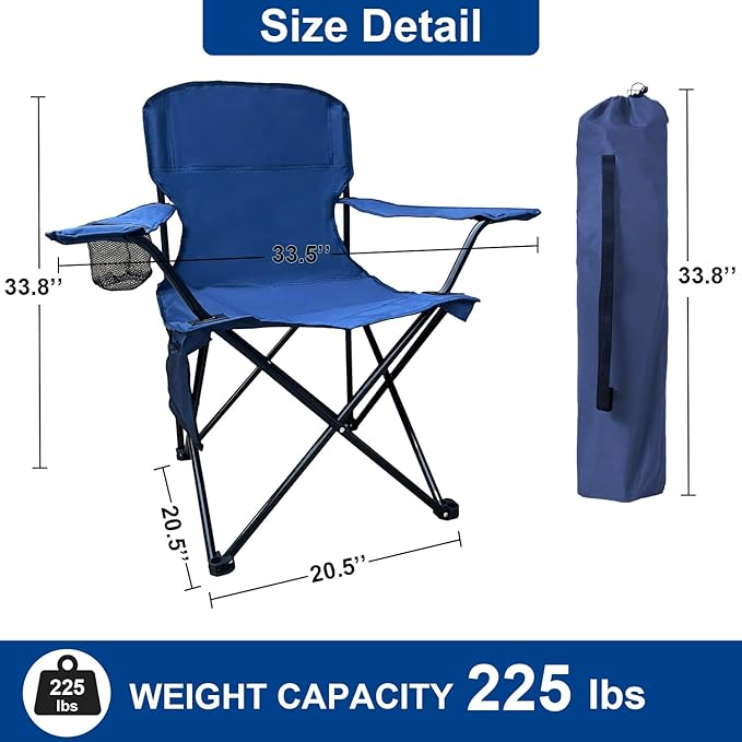 Folding Camping Collapsible Chairs Heavy Duty Lawn Chair with Cooler Bag Storage Pocket Waterproof Bag Outdoor Arm Chair Supports 225LBS Cyan