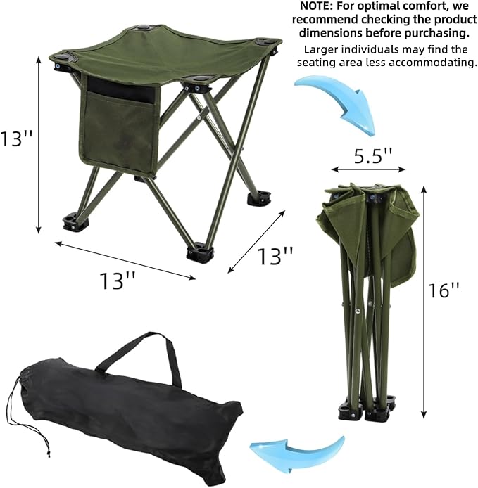 2 Pack Camping Stool Compact Camping Chair Portable 13 Inch Lightweight Folding Stool Seat with Side Pocket and Carry Bag for Outdoor Hiking Fishing Picnic Beach and Lawn Party Green