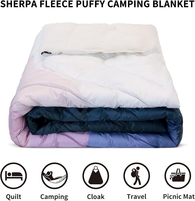 zzlamb Outdoor Camping Blanket with Sherpa LiningPuffy Thick Camp Quilt for SleepingPackable Warm Wearable Fleece Blankets for Cold WeatherTravelingBackpackingPicnicsBeachStadium 52x75in