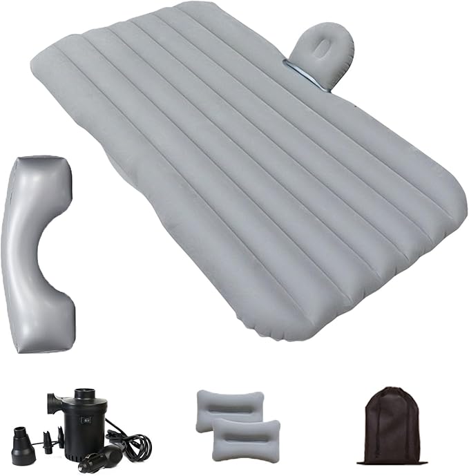 Car Air Mattress Inflatable SUV Truck Camping Mattress for Back Seat Thickened Travel Car Bed Sleeping Pad with Inflatable Pier Air Pump 2 Pillows (Grey)