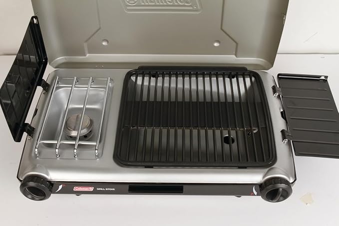 Coleman Tabletop 2-in-1 Grill &amp Stove with 2 Adjustable Burners Propane Grill/Stove with Push-Button Starter Wind Guards Grease Tray &amp 20000 BTUs of Power for Camping Tailgating &amp M