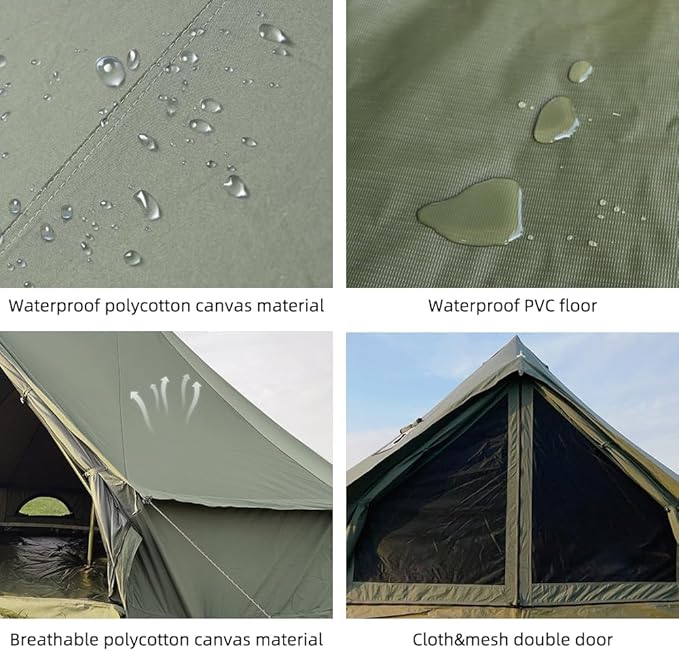 Cotton Canvas Bell Tent with Stove Jack Roomy Yurt for Family Glamping Camping 4 Season Tent with Zipped Removable Floor