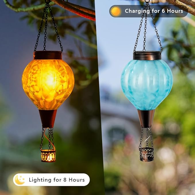 2 Pack Glass Hot Air Balloon Solar Lantern Outdoor Waterproof Hanging Solar Hot Air Balloon Lantern with Flame Solars Lights Decor for Garden Yard Patio Porch(Blue)